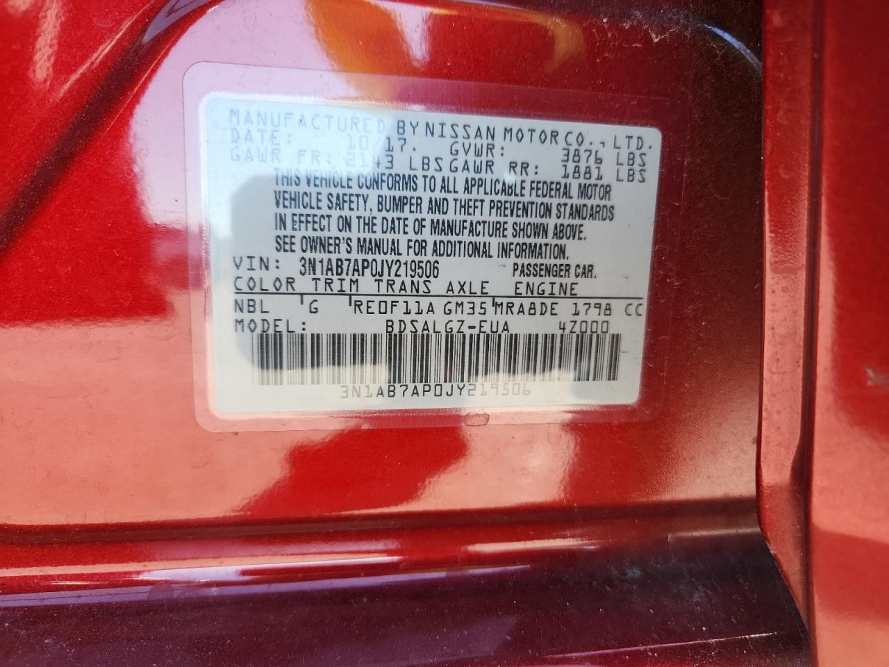 2018 Nissan Sentra S VIN: 3N1AB7AP0JY219506 Lot: 81660355