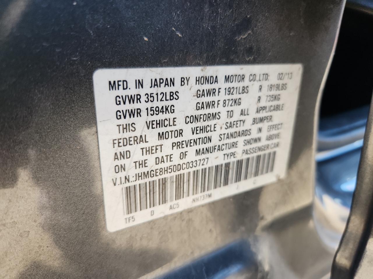 2013 Honda Fit Sport VIN: JHMGE8H50DC033727 Lot: 71694475