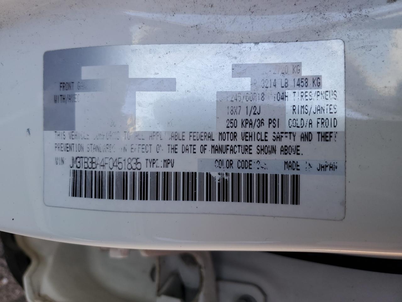 2015 Mazda Cx-9 Sport VIN: JM3TB3BA4F0451835 Lot: 80648025