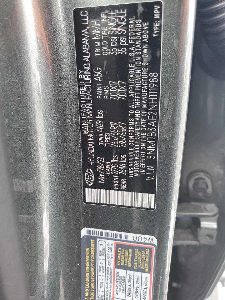 2022 Hyundai Tucson Sel VIN: 5NMJB3AE2NH111988 Lot: 71985395