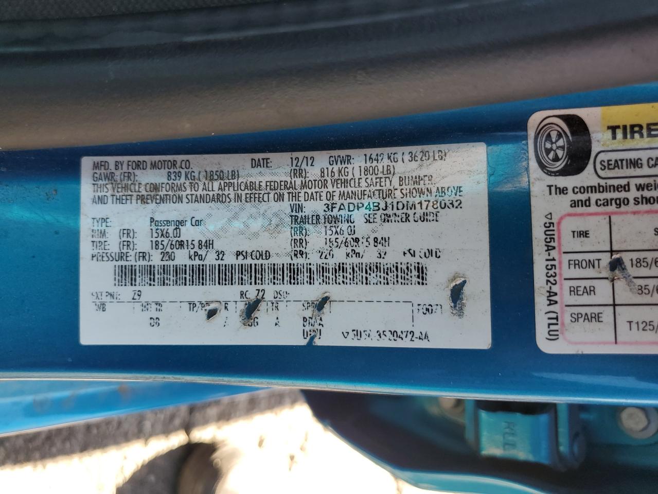 2013 Ford Fiesta Se VIN: 3FADP4BJ1DM178082 Lot: 72041815