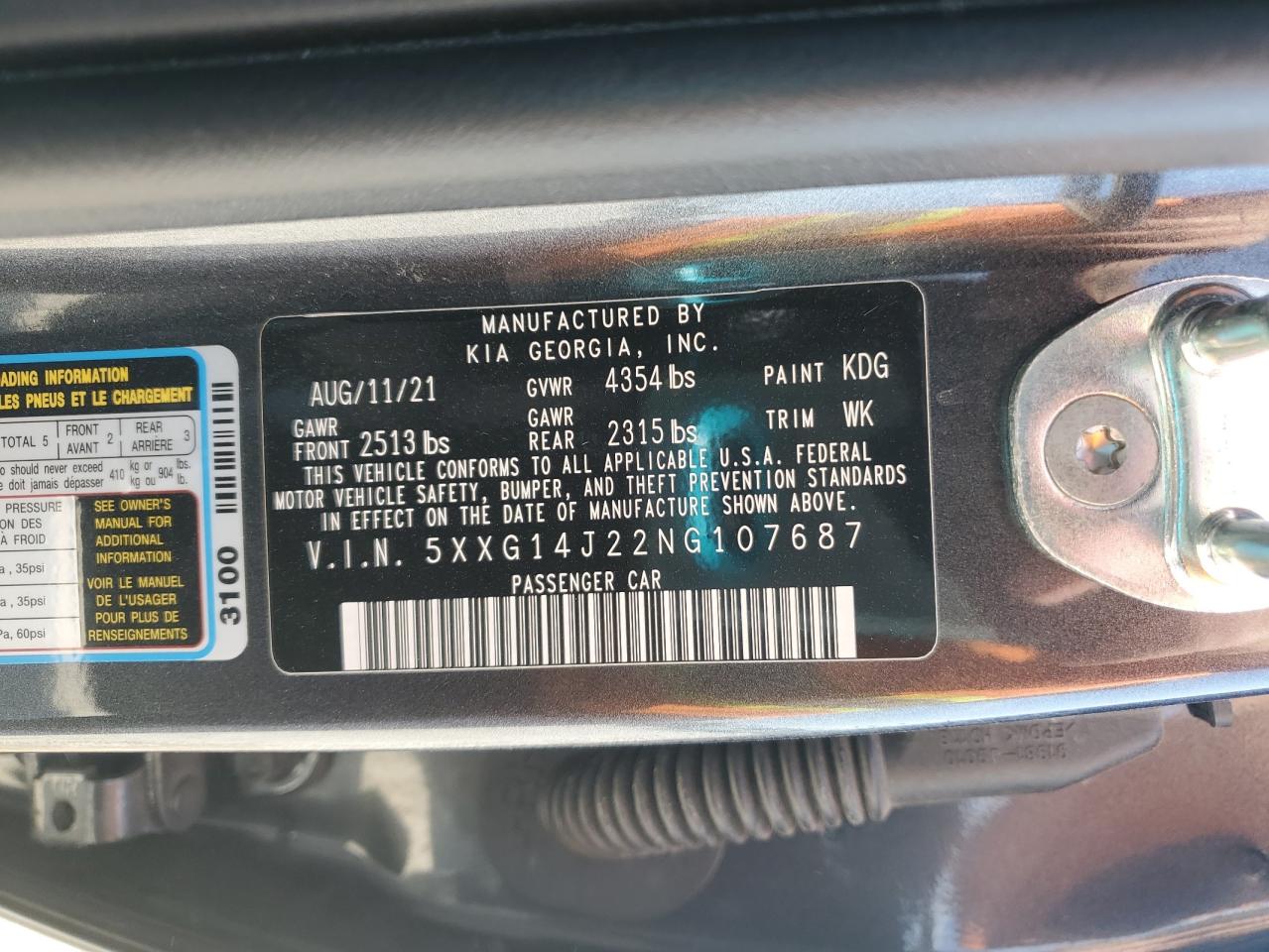 2022 Kia K5 Lxs VIN: 5XXG14J22NG107687 Lot: 70918415