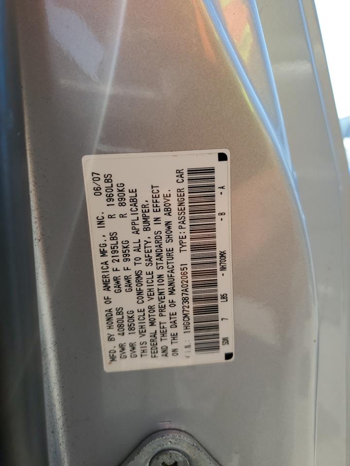 2007 Honda Accord Lx VIN: 1HGCM72387A020651 Lot: 80314095