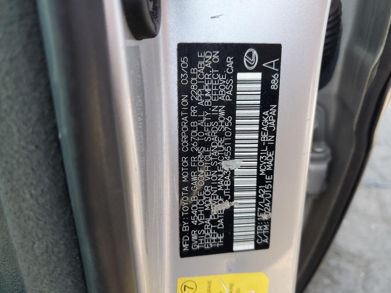 2005 Lexus Es 330 VIN: JTHBA30G455110756 Lot: 80630595