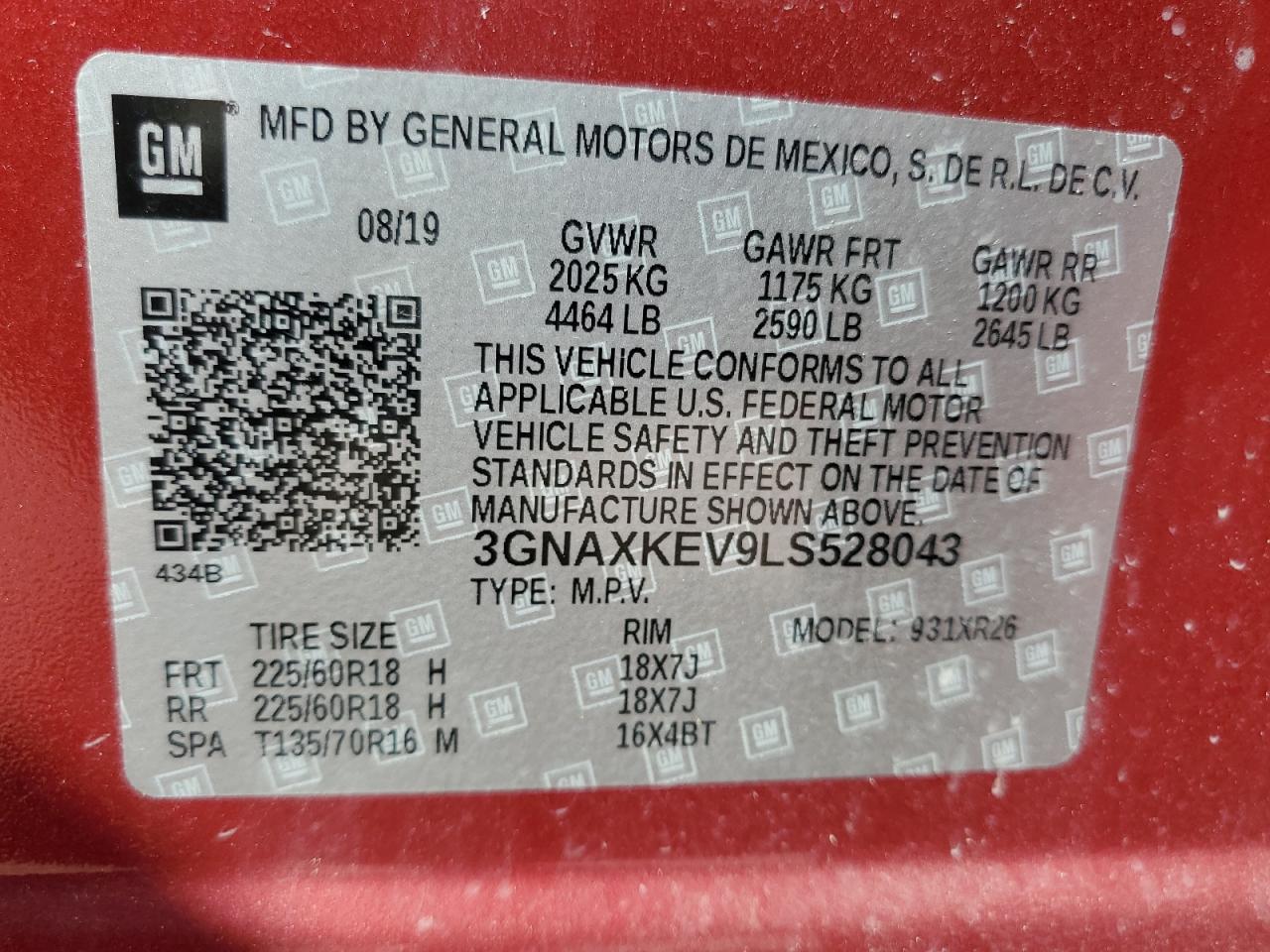 2020 Chevrolet Equinox Lt VIN: 3GNAXKEV9LS528043 Lot: 80779175