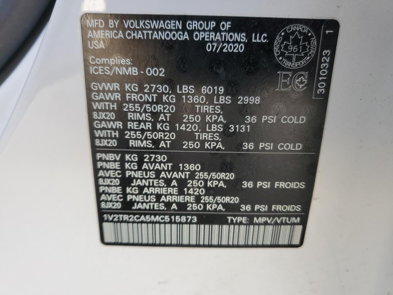 2021 Volkswagen Atlas Sel Premium VIN: 1V2TR2CA5MC515873 Lot: 80145255