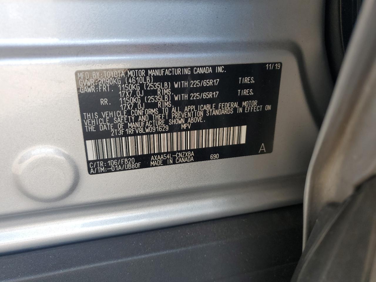 2020 Toyota Rav4 Le VIN: 2T3F1RFV8LW091629 Lot: 81822395