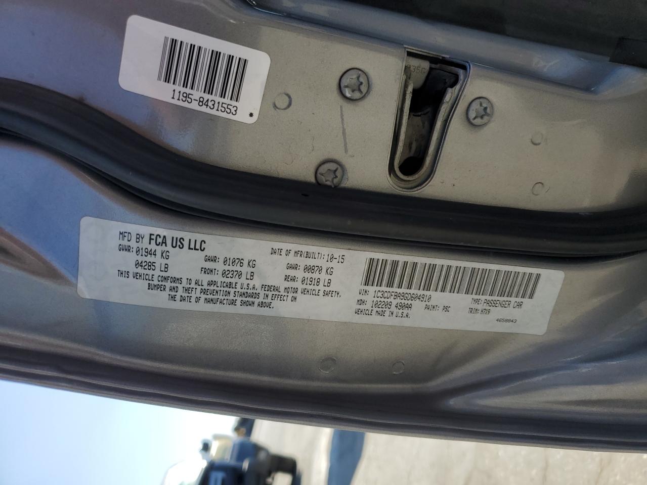 2016 Dodge Dart Sxt VIN: 1C3CDFBA9GD604910 Lot: 72034995