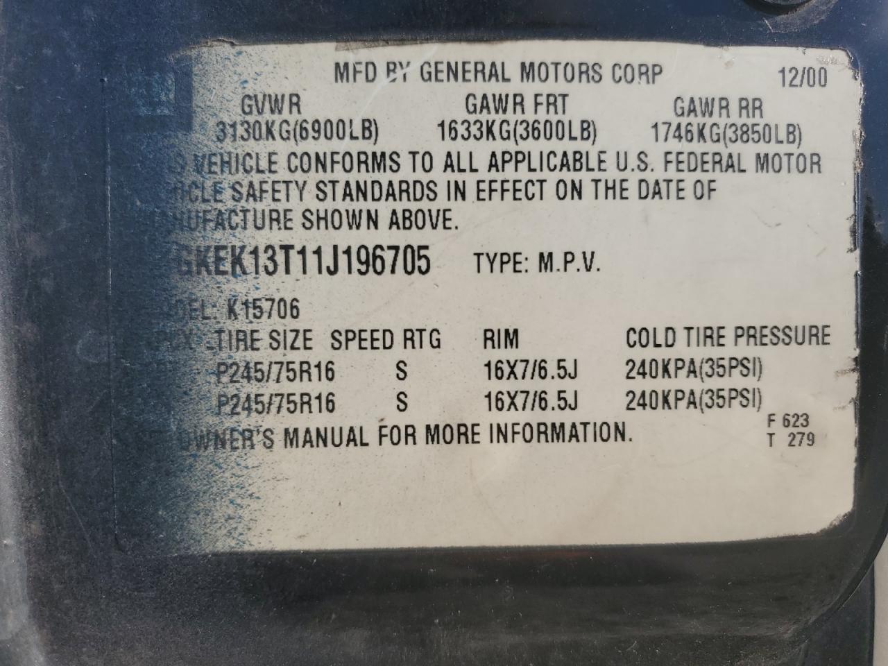 2001 GMC Yukon VIN: 1GKEK13T11J196705 Lot: 81659295