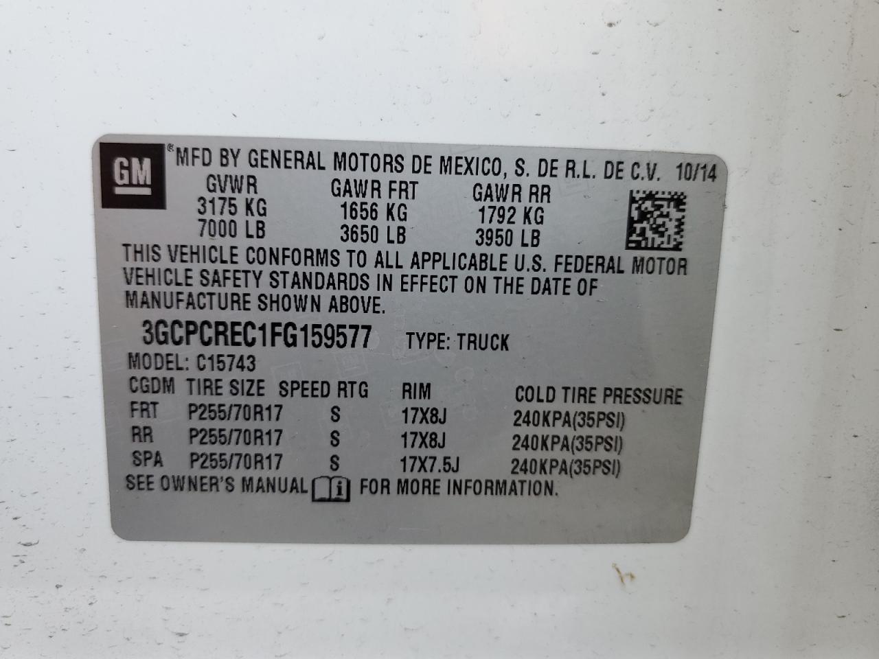 2015 Chevrolet Silverado C1500 Lt VIN: 3GCPCREC1FG159577 Lot: 80390185