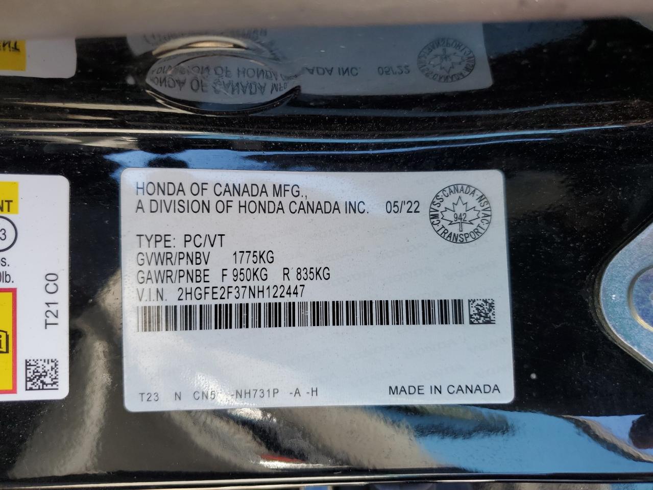 2022 Honda Civic Ex VIN: 2HGFE2F37NH122447 Lot: 80607765