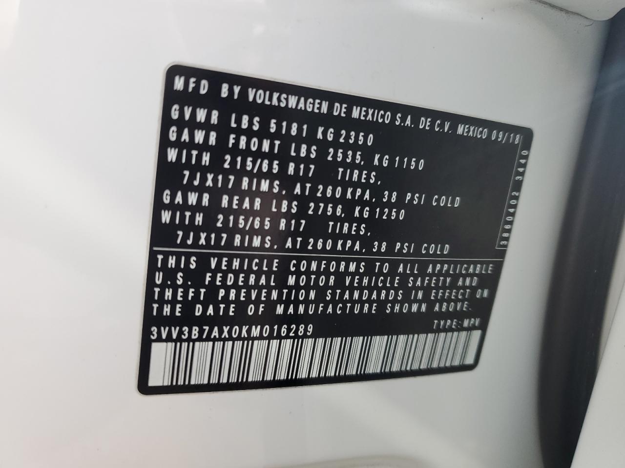 2019 Volkswagen Tiguan Se VIN: 3VV3B7AX0KM016289 Lot: 84452625