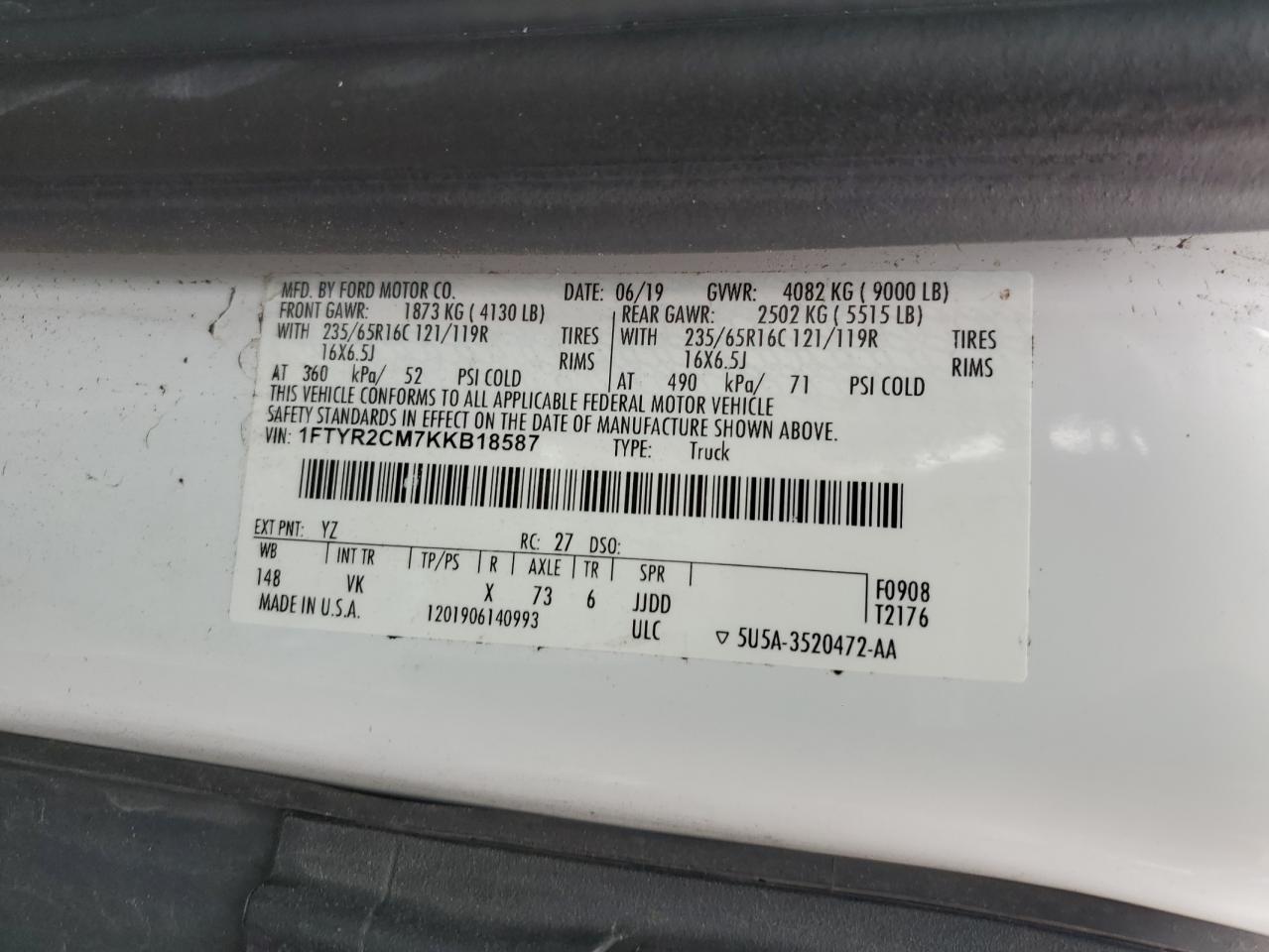 2019 Ford Transit T-250 VIN: 1FTYR2CM7KKB18587 Lot: 84433325