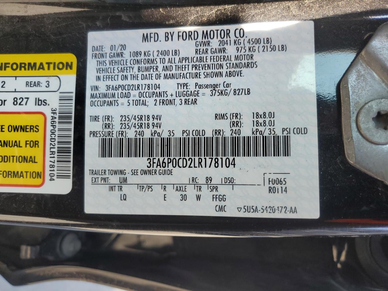 2020 Ford Fusion Sel VIN: 3FA6P0CD2LR178104 Lot: 81193555