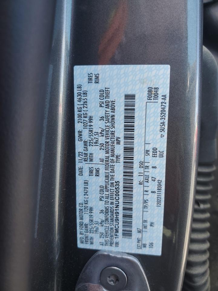 2022 Ford Escape Sel VIN: 1FMCU9H91NUC00535 Lot: 80629275