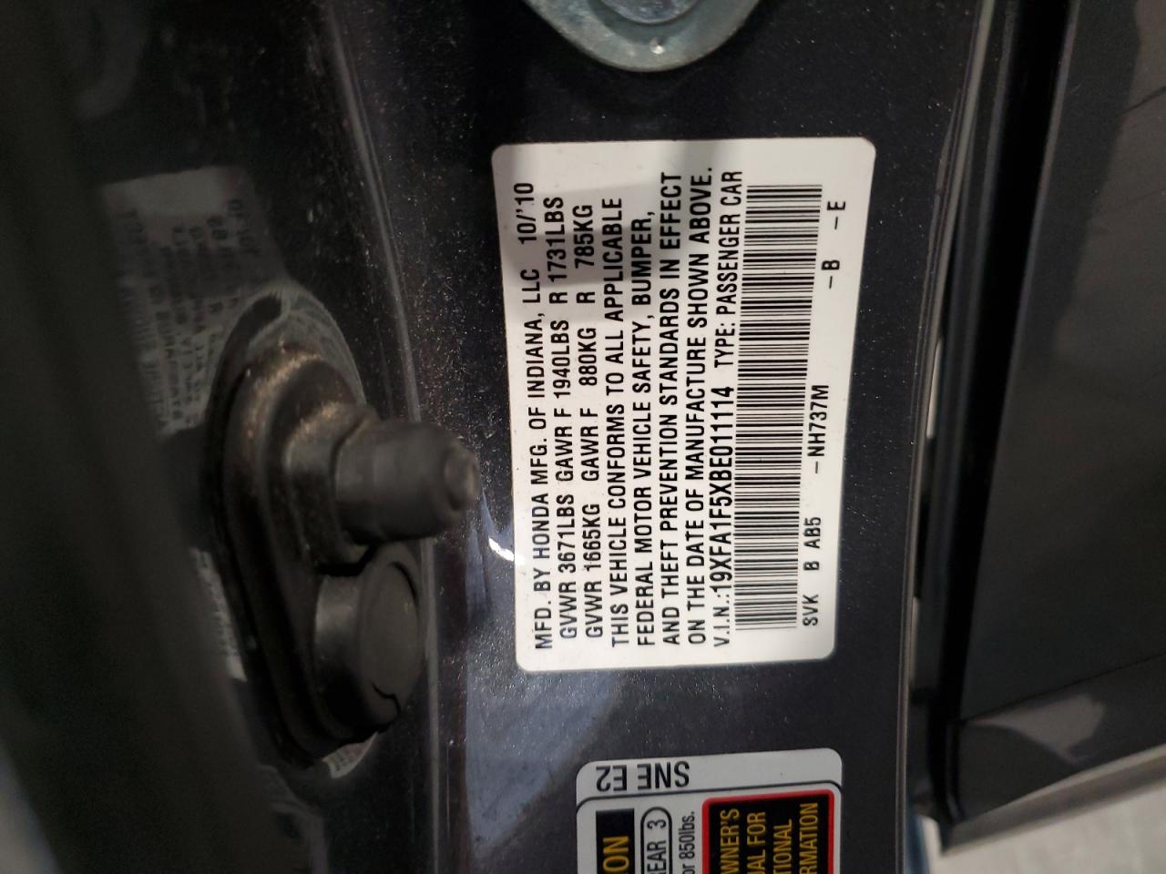 2011 Honda Civic Lx VIN: 19XFA1F5XBE011114 Lot: 80926045