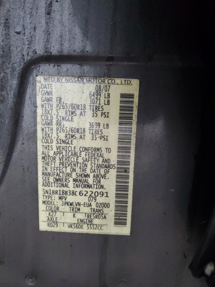2008 Nissan Pathfinder Le VIN: 5N1BR18B38C622091 Lot: 81019925