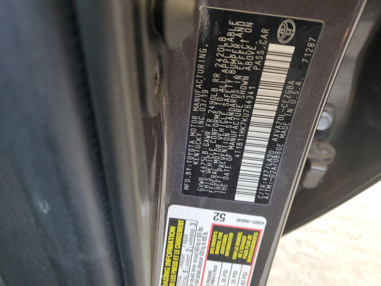 2019 Toyota Camry L VIN: 4T1B11HK7KU764341 Lot: 80615055