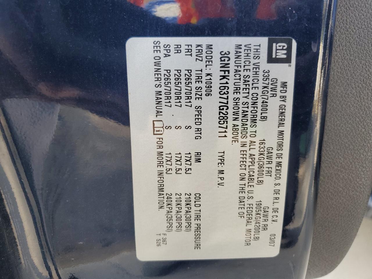 2007 Chevrolet Suburban K1500 VIN: 3GNFK16377G285711 Lot: 83886985