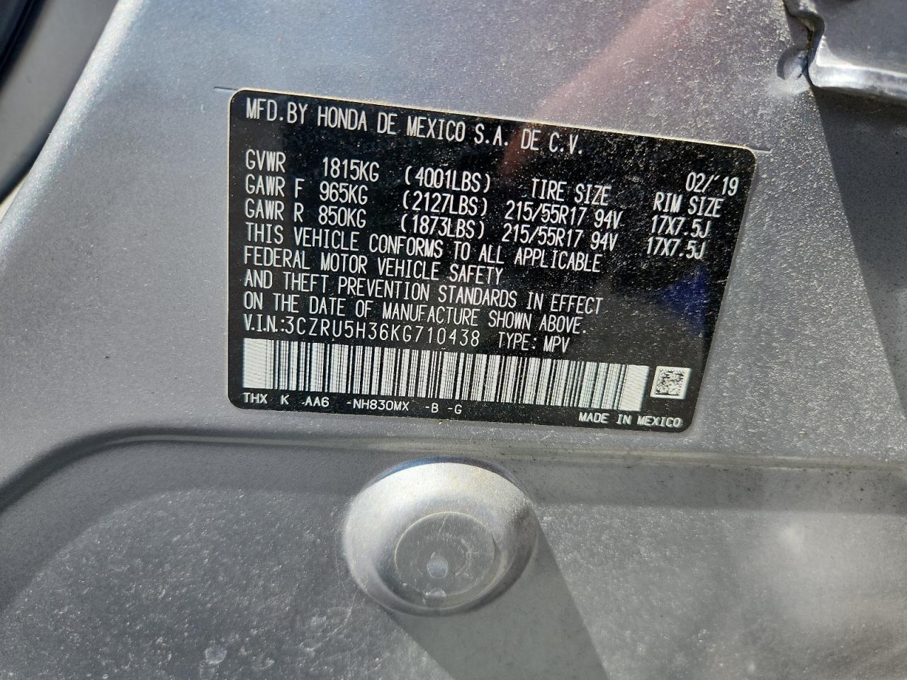 2019 Honda Hr-V Lx VIN: 3CZRU5H36KG710438 Lot: 83856345