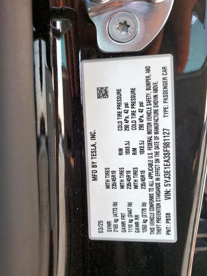 2025 Tesla Model 3 VIN: 5YJ3E1EA3SF981127 Lot: 80341225