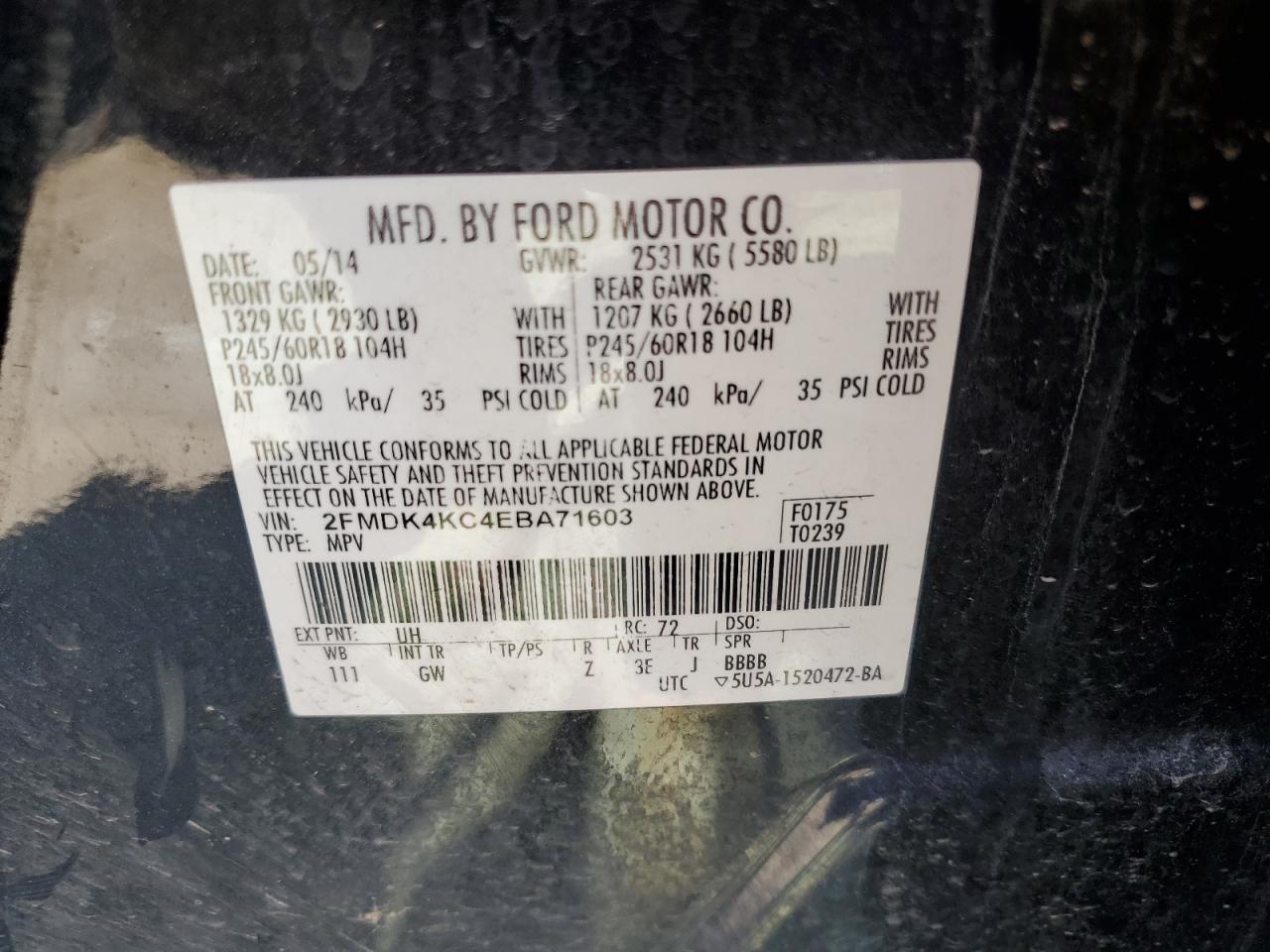 2014 Ford Edge Limited VIN: 2FMDK4KC4EBA71603 Lot: 80492525