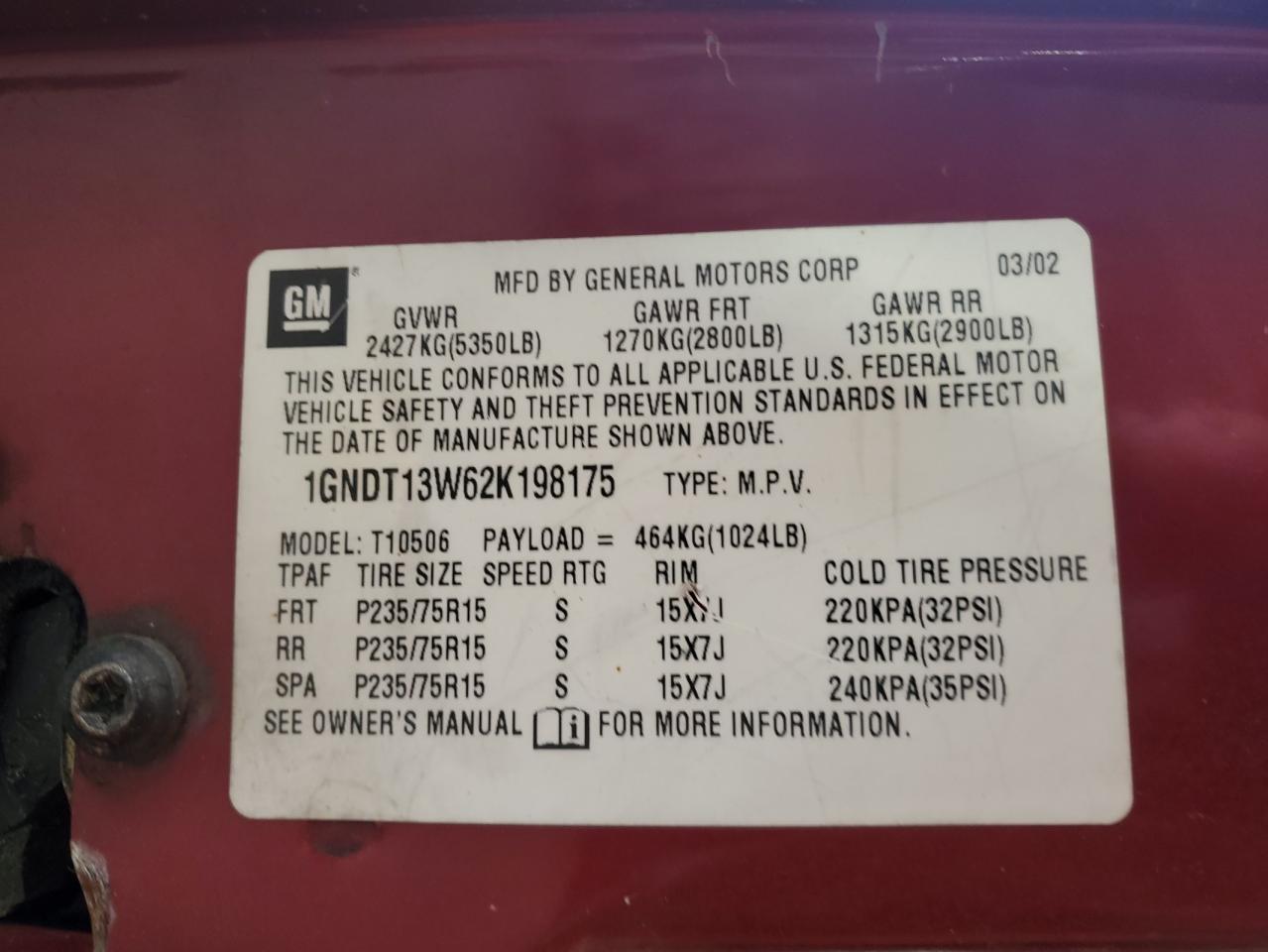 2002 Chevrolet Blazer VIN: 1GNDT13W62K198175 Lot: 71952095