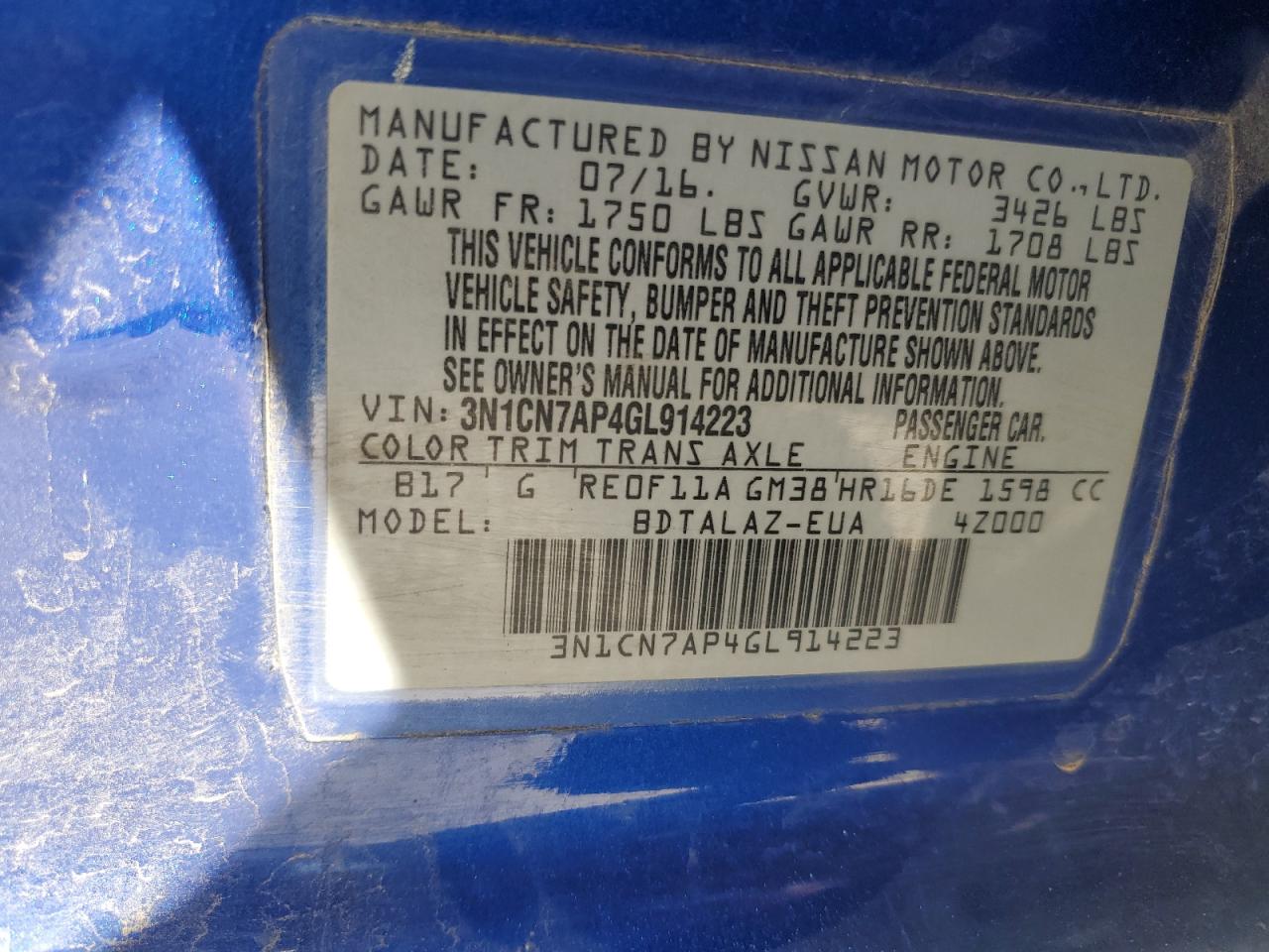 2016 Nissan Versa S VIN: 3N1CN7AP4GL914223 Lot: 80314635