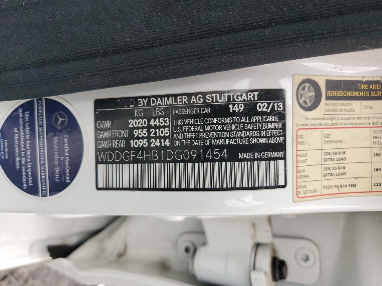 2013 Mercedes-Benz C 250 VIN: WDDGF4HB1DG091454 Lot: 83854285