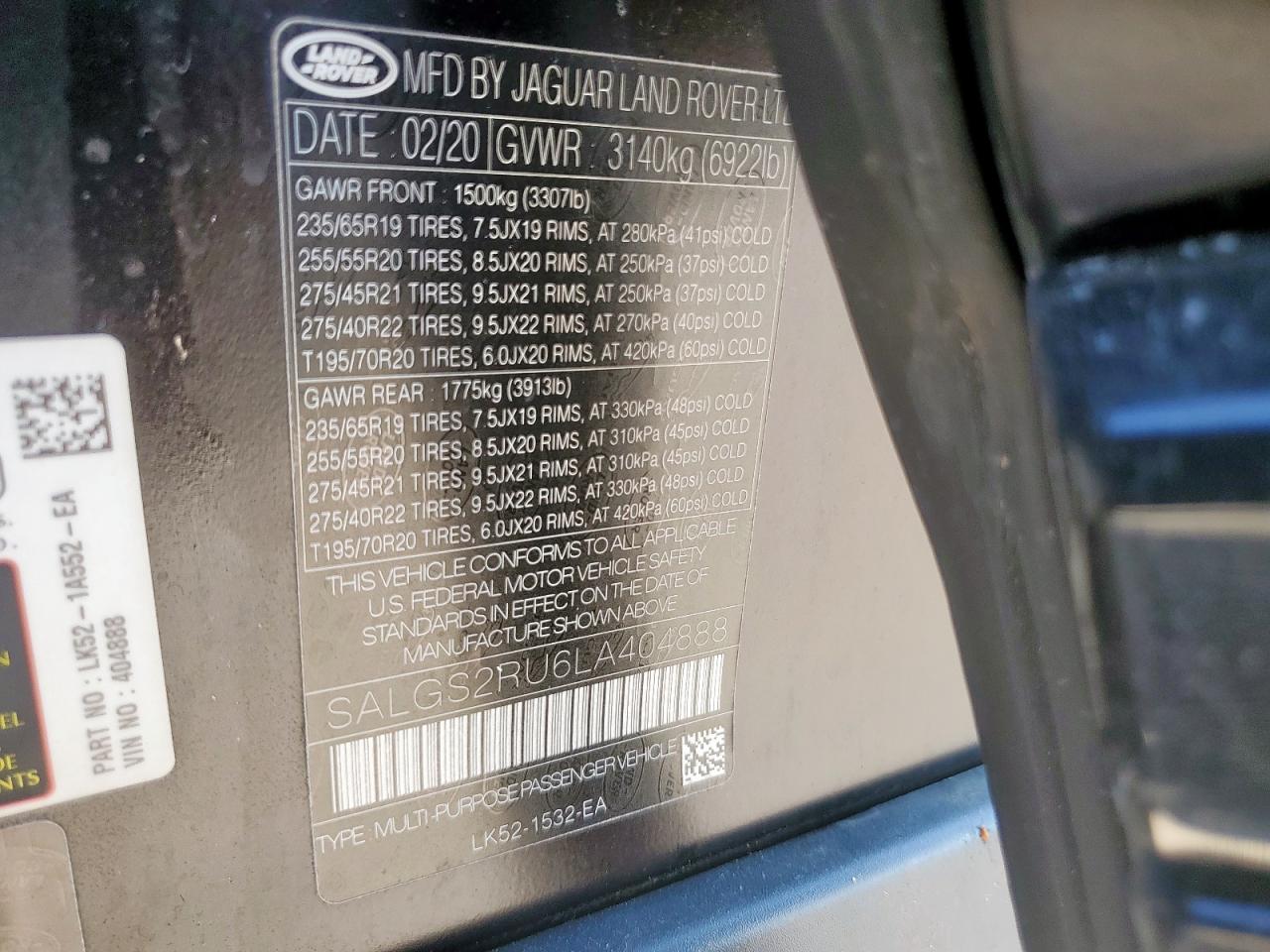 2020 Land Rover Range Rover Hse VIN: SALGS2RU6LA404888 Lot: 80360845