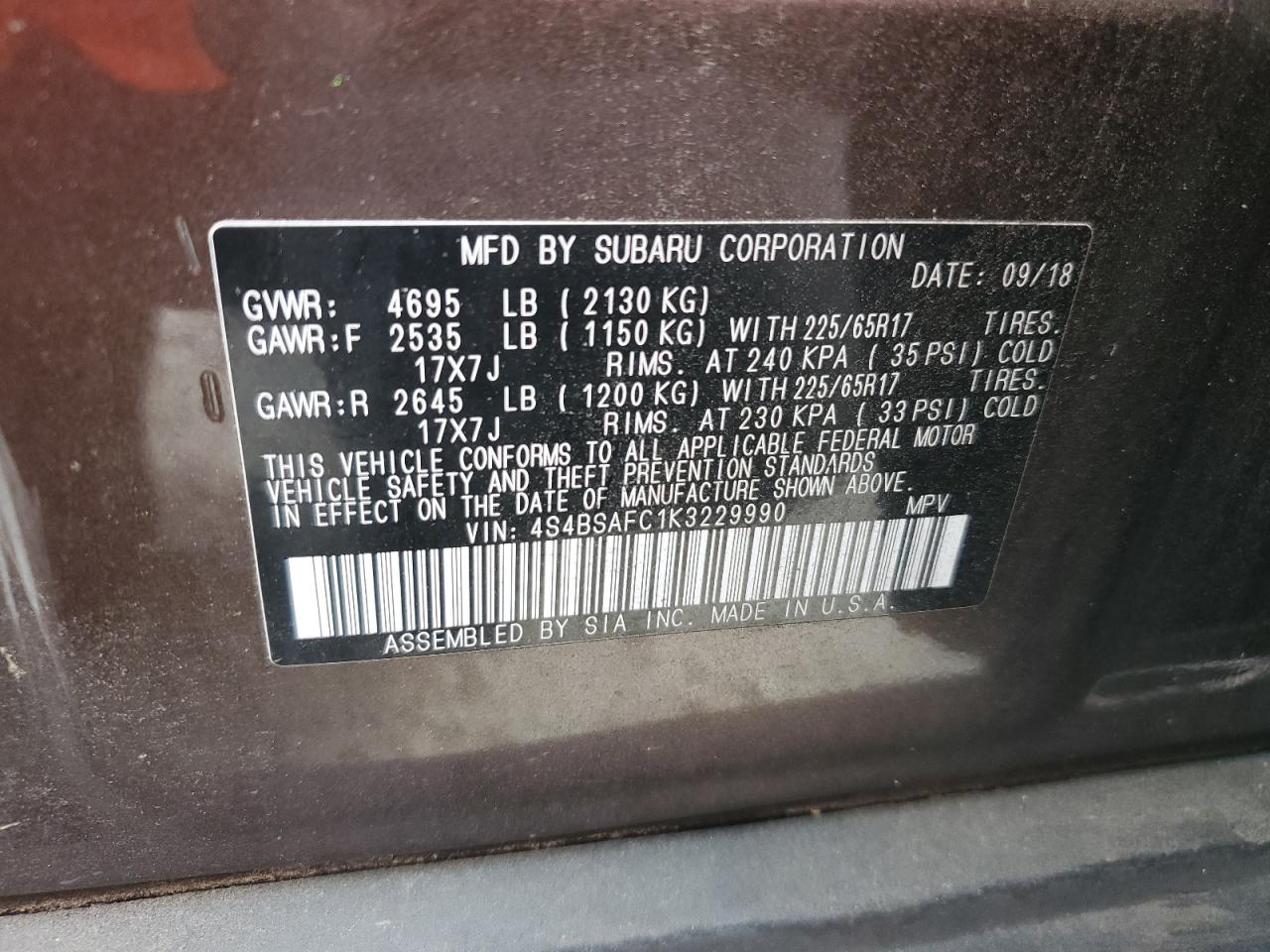 2019 Subaru Outback 2.5I Premium VIN: 4S4BSAFC1K3229990 Lot: 80540105