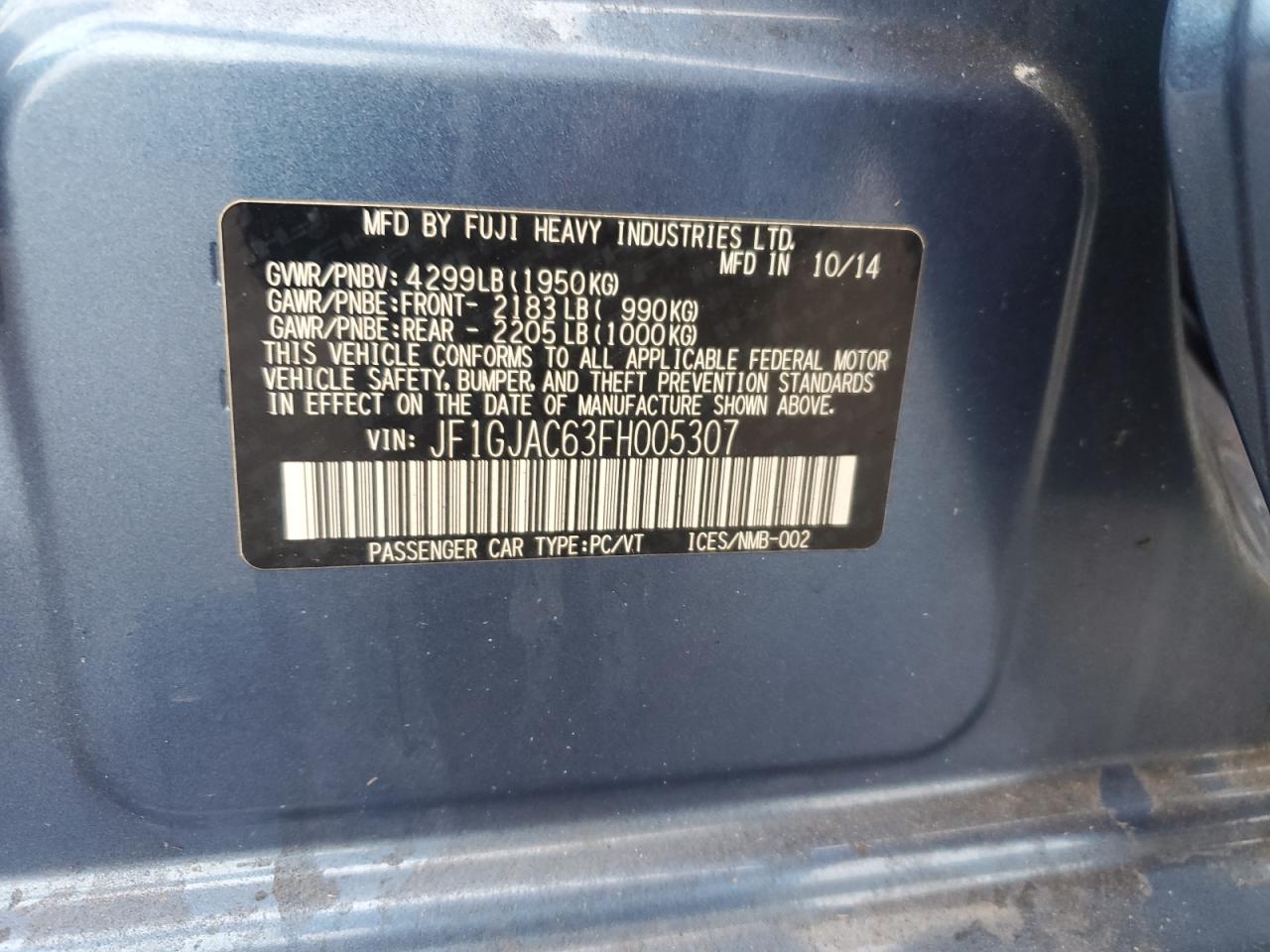 2015 Subaru Impreza Premium VIN: JF1GJAC63FH005307 Lot: 71953765