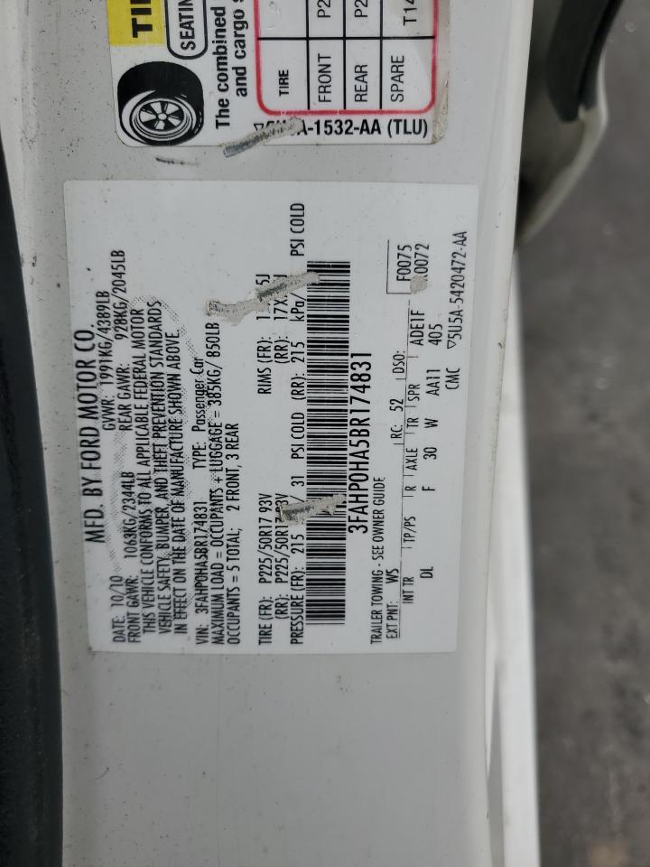 2011 Ford Fusion Se VIN: 3FAHP0HA5BR174831 Lot: 82102765