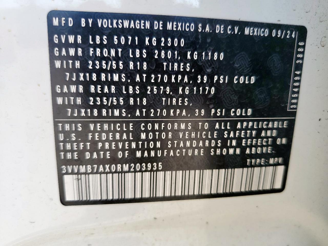 2024 Volkswagen Tiguan Se VIN: 3VVMB7AX0RM203935 Lot: 80948165