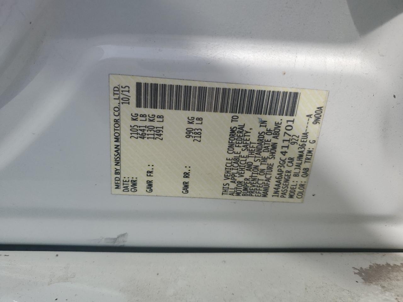 2016 Nissan Maxima 3.5S VIN: 1N4AA6AP3GC411701 Lot: 84456775