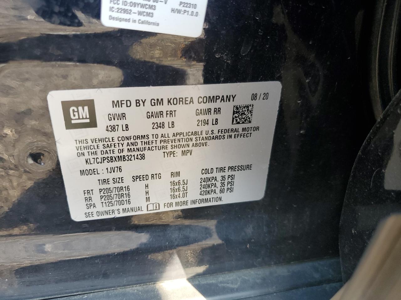 2021 Chevrolet Trax 1Lt VIN: KL7CJPSBXMB321438 Lot: 80332595