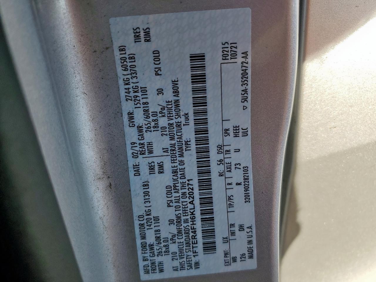 2019 Ford Ranger Xl VIN: 1FTER4FH6KLA20271 Lot: 81038125