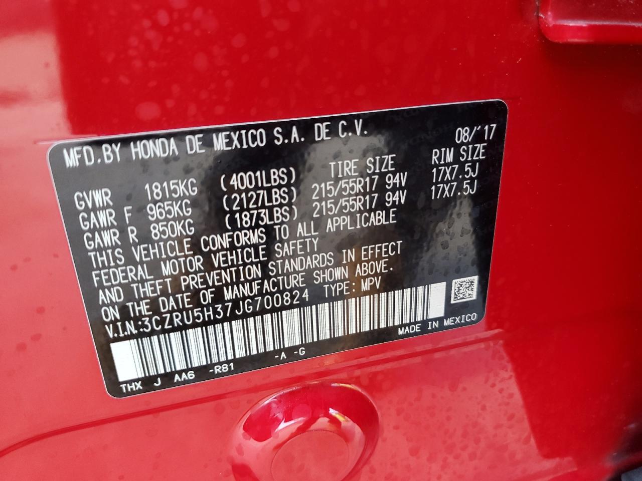 2018 Honda Hr-V Lx VIN: 3CZRU5H37JG700824 Lot: 82062665