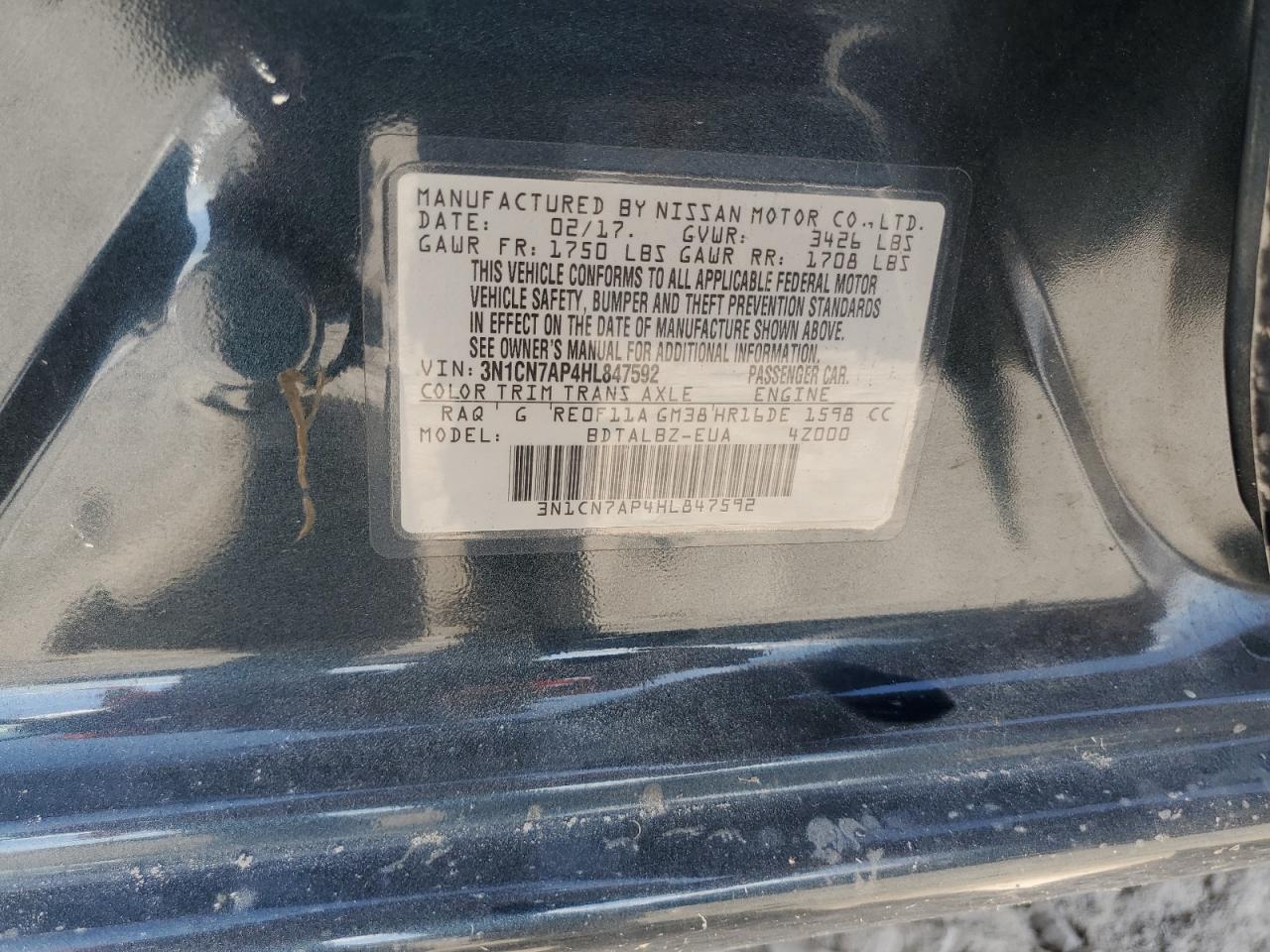 2017 Nissan Versa S VIN: 3N1CN7AP4HL847592 Lot: 81510645