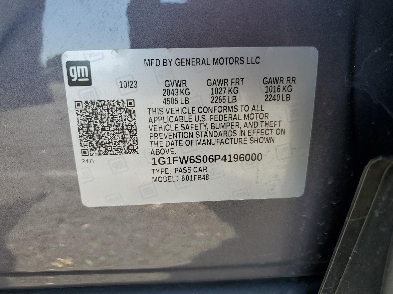 2023 Chevrolet Bolt Ev 1Lt VIN: 1G1FW6S06P4196000 Lot: 82092375