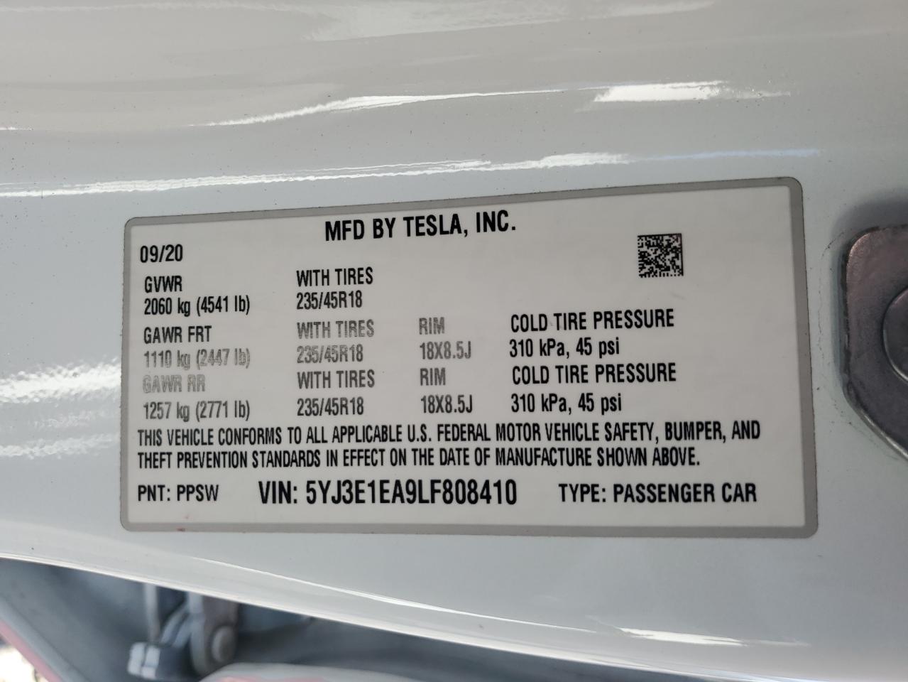 2020 Tesla Model 3 VIN: 5YJ3E1EA9LF808410 Lot: 71662095