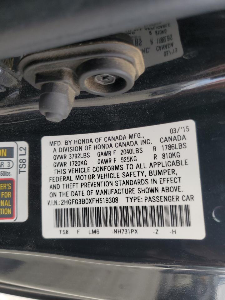 2015 Honda Civic Exl VIN: 2HGFG3B0XFH519308 Lot: 84287595