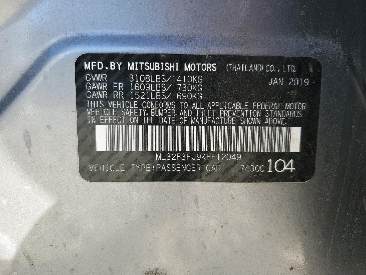 2019 Mitsubishi Mirage G4 Es VIN: ML32F3FJ9KHF12049 Lot: 80896715