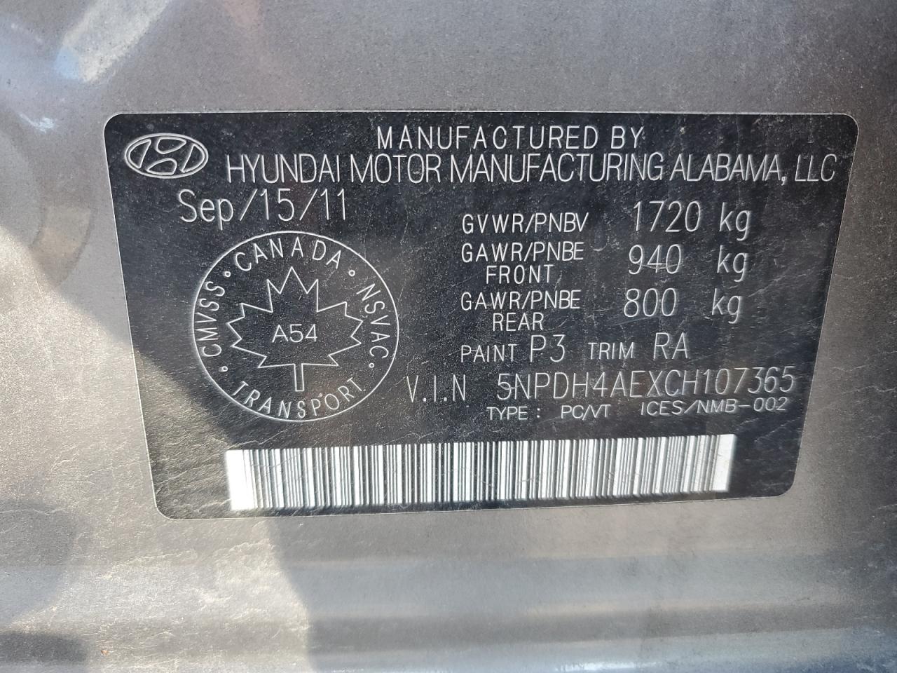 2012 Hyundai Elantra Gls VIN: 5NPDH4AEXCH107365 Lot: 72046645