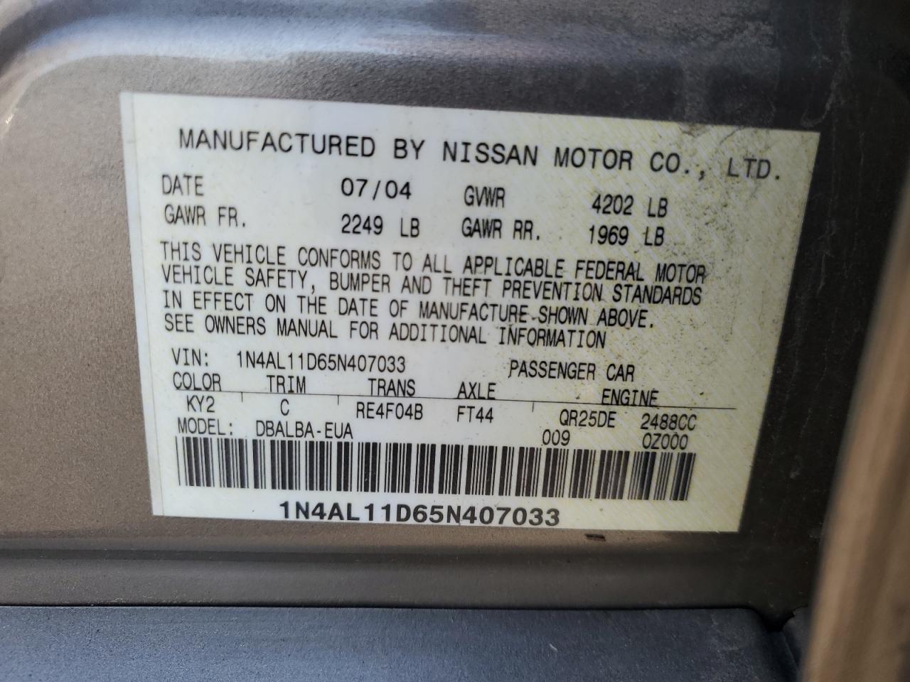 2005 Nissan Altima S VIN: 1N4AL11D65N407033 Lot: 80707585