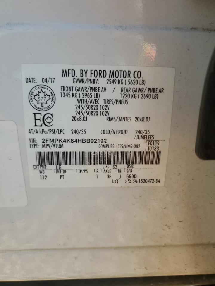 2017 Ford Edge Titanium VIN: 2FMPK4K84HBB92192 Lot: 69828955