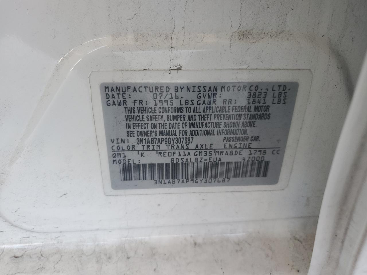 2016 Nissan Sentra S VIN: 3N1AB7AP9GY307687 Lot: 80895265