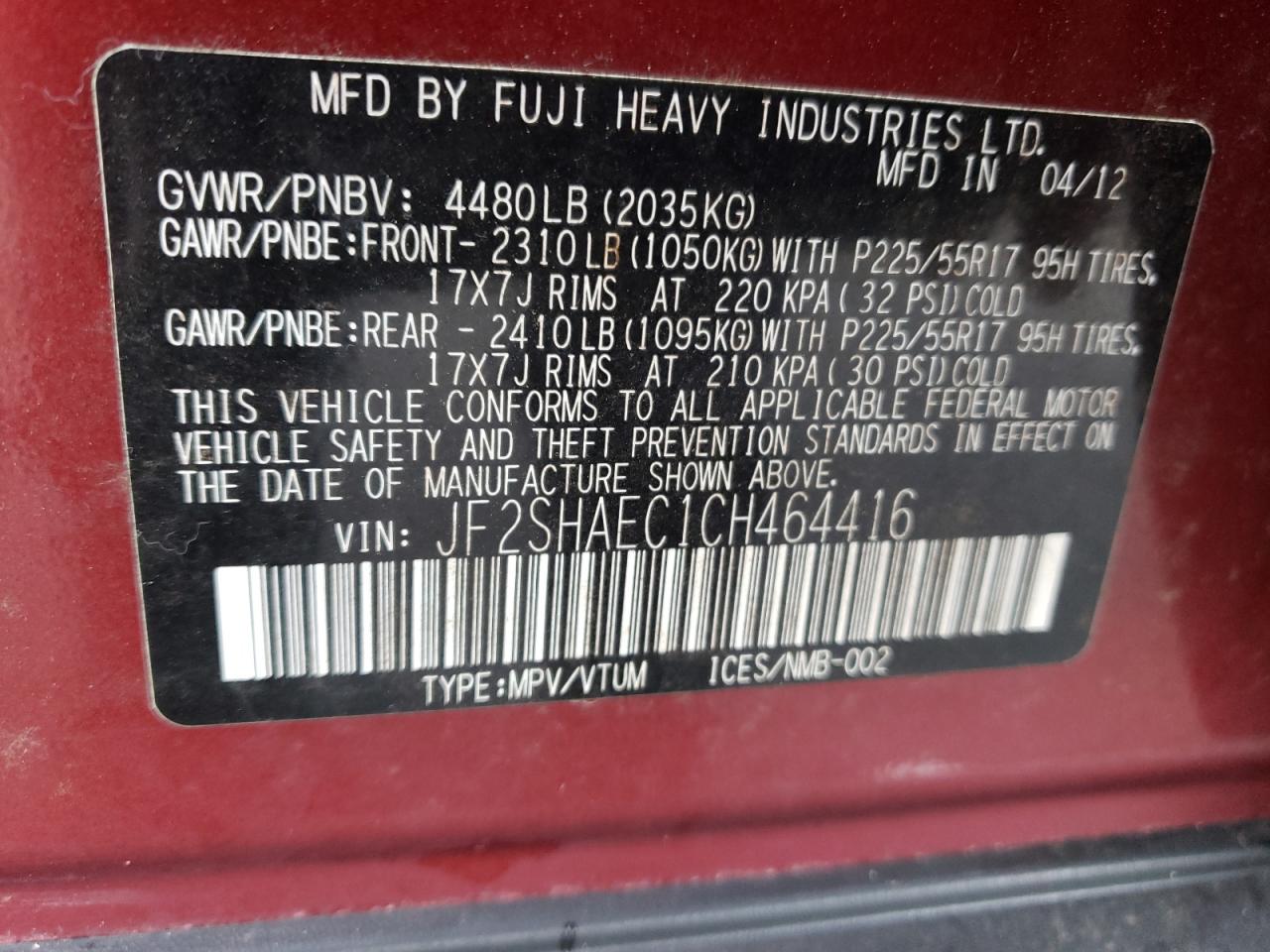 2012 Subaru Forester Limited VIN: JF2SHAEC1CH464416 Lot: 81780425