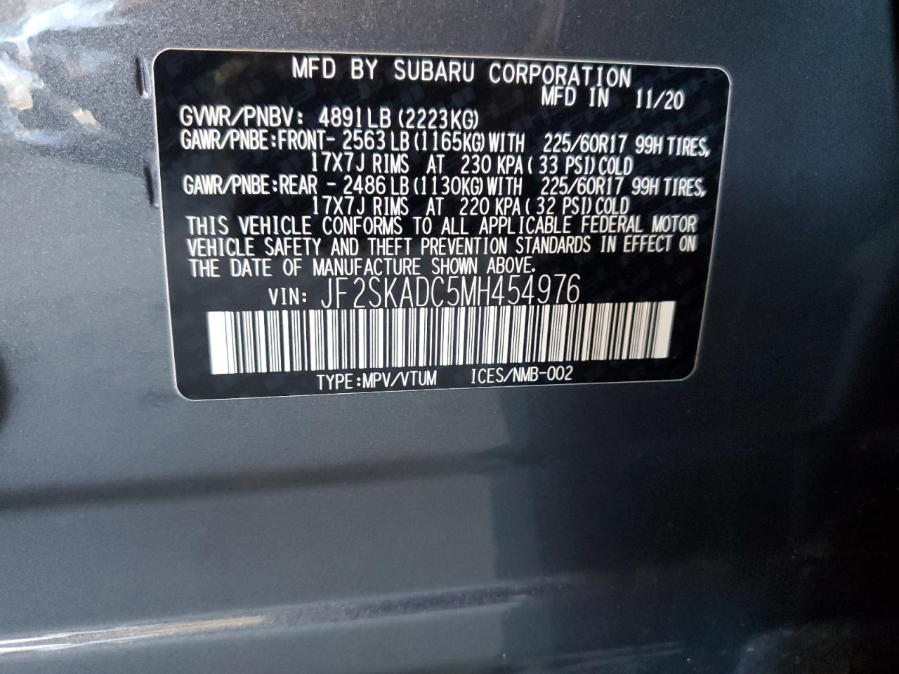 2021 Subaru Forester VIN: JF2SKADC5MH454976 Lot: 81480335