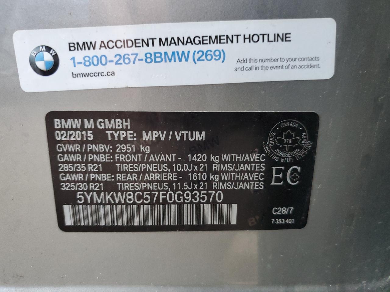 2015 BMW X6 M VIN: 5YMKW8C57F0G93570 Lot: 80947595